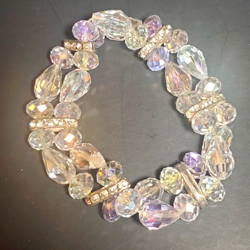 Vintage Crystal Beaded Double Strand Stretch Bracelet with Iridescence